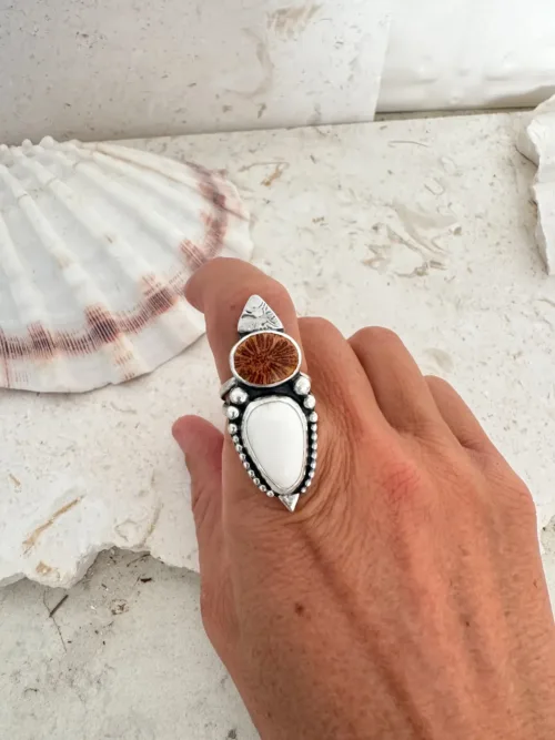 handmade sterling silver ring with white buffalo and fossilised coral gemstone. one of a kind jewellery