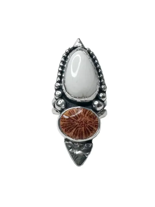 handmade sterling silver ring with white buffalo gemstone and fossilised coral. Stunning ocean inspired ring.