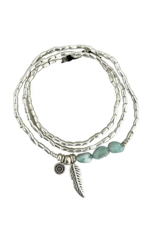 ocean inspired silver jewellery. Pure silver wrap bracelet with silver feather charm and larimar gemstones - for a beach vibes look- water safe for everyday wear. 3 styles in 1