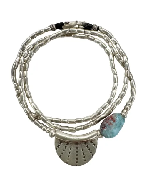 boho style handmade silver jewellery. Pure silver silver wrap bracelet with silver crescent disc and Larimar gemstone - for a boho/beach vibes look- water safe for everyday wear. 3 styles in 1