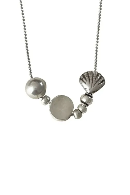 handmade long silver necklace. ocean inspired silver shells floating on a beaded sterling silver chain long necklace handmade ocean safe