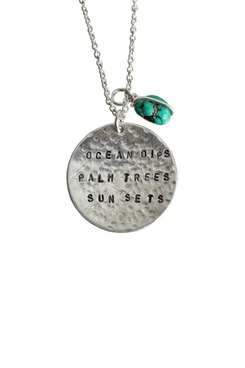ocean inspired silver necklace. ocean dips palm trees sun sets hand made sterling silver necklace