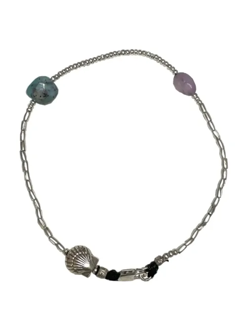 pure silver anklet with silver shell and Larimar, kunzite gemstone. Perfect for summer. Staple jewellery for everyday - ocean safe.