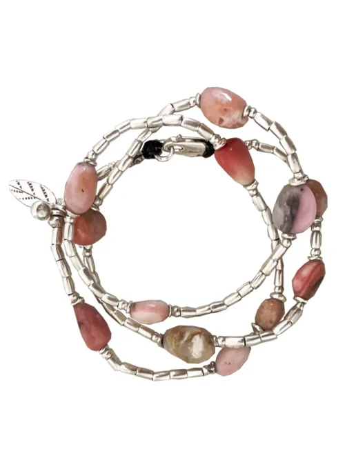 pink opal pure silver triple wrap bracelet - 3 styles in 1 bracelet, anklet, necklace. water safe