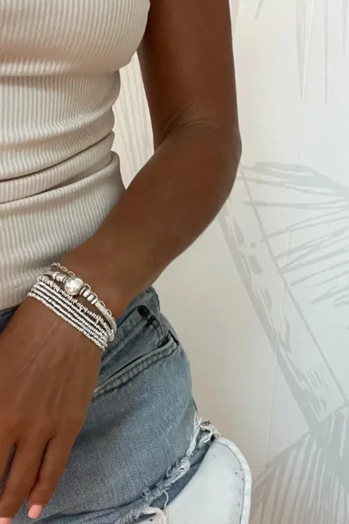 minimal bracelet style. Pure silver bicone silver wrap bracelet for a beach vibes look- water safe for everyday wear. 3 styles in 1