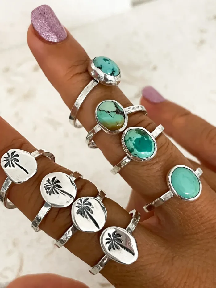 palm tree sterling silver stack ring handmade in australia ocean safe. Beach vibes island girl jewellery.