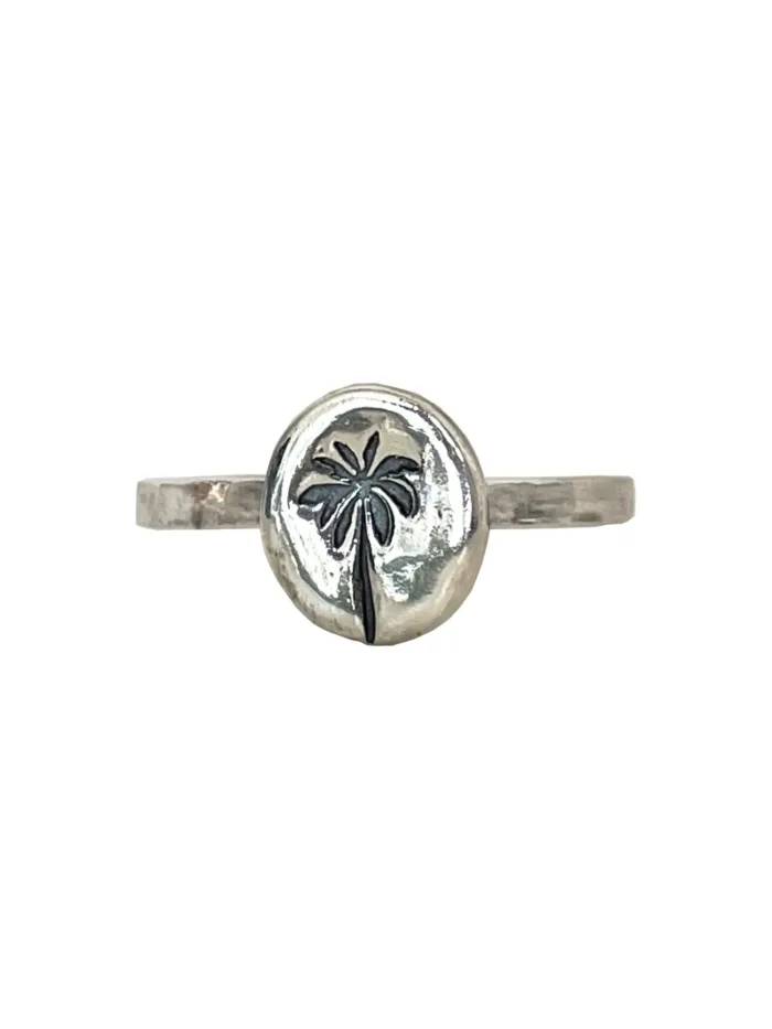 palm tree sterling silver stack ring handmade in australia ocean safe. Beach vibes island girl jewellery.