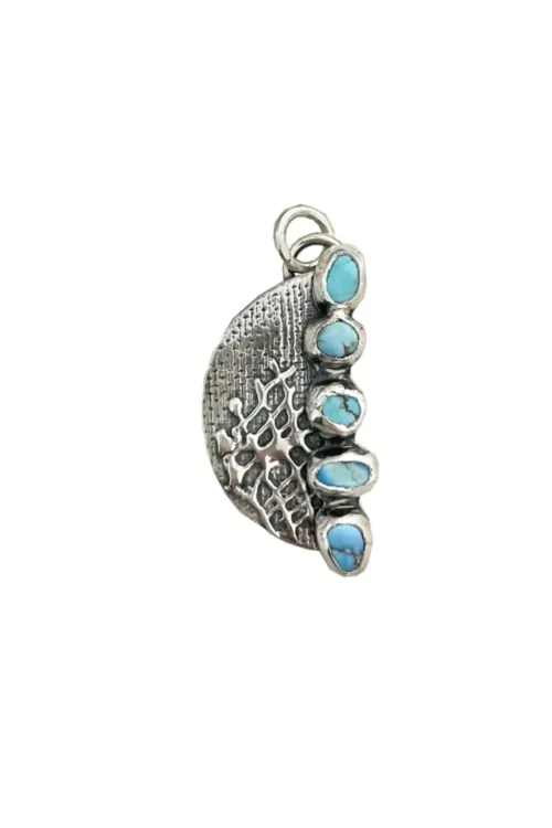 handmade sterling silver crescent pendant with natural golden hill turquoise gemstones. Comes on a sterling silver chain. Please select length. Made by Rico Designs in Sydney Australia