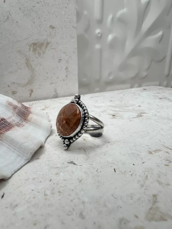 handmade sterling silver fossilised coral ring. inspired by the ocean. Unique jewellery