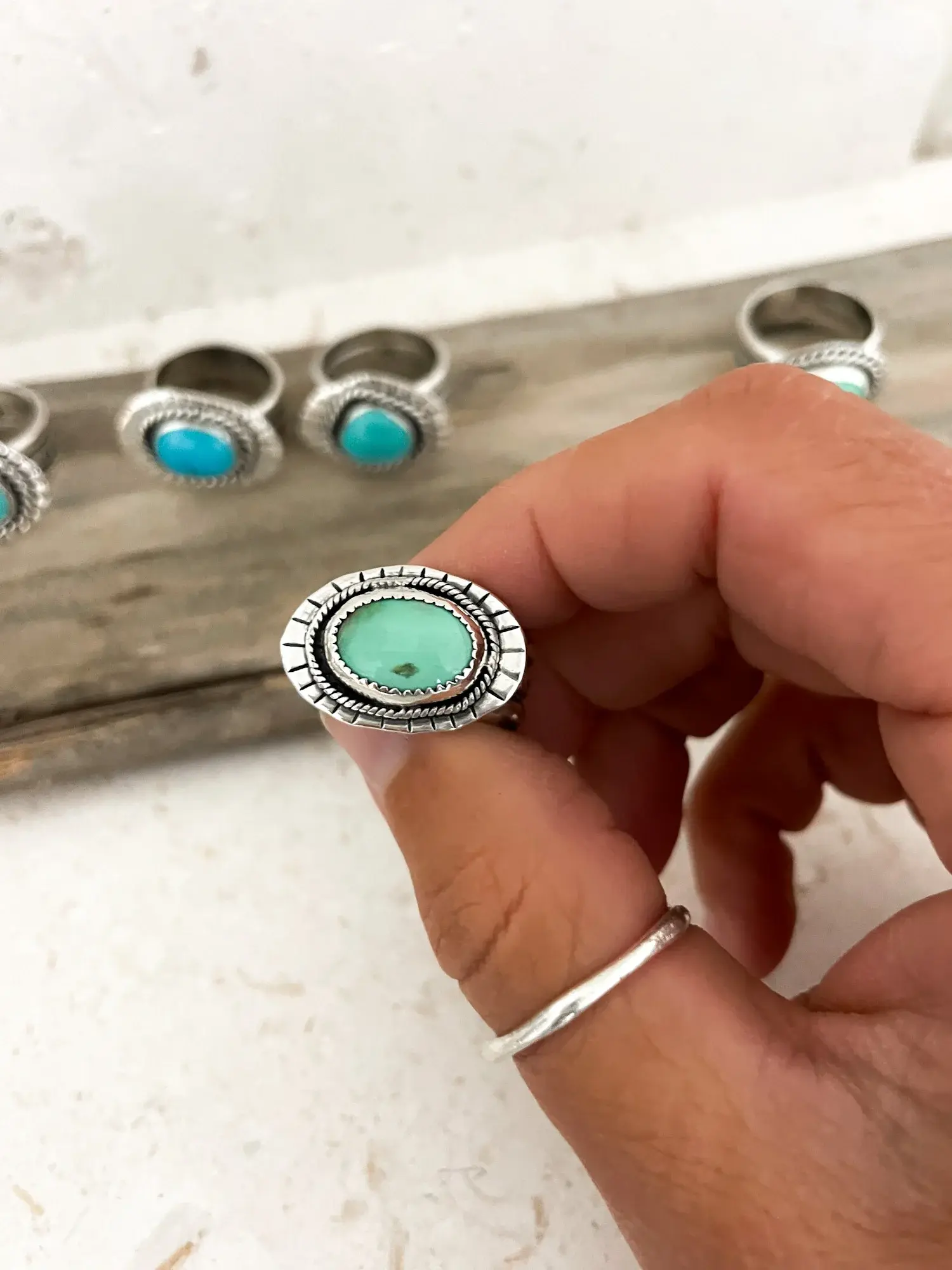 green variscite gemstone silver ring. Handmade in australia. Oval silver disc with wide silver ring shank. Ocean safe