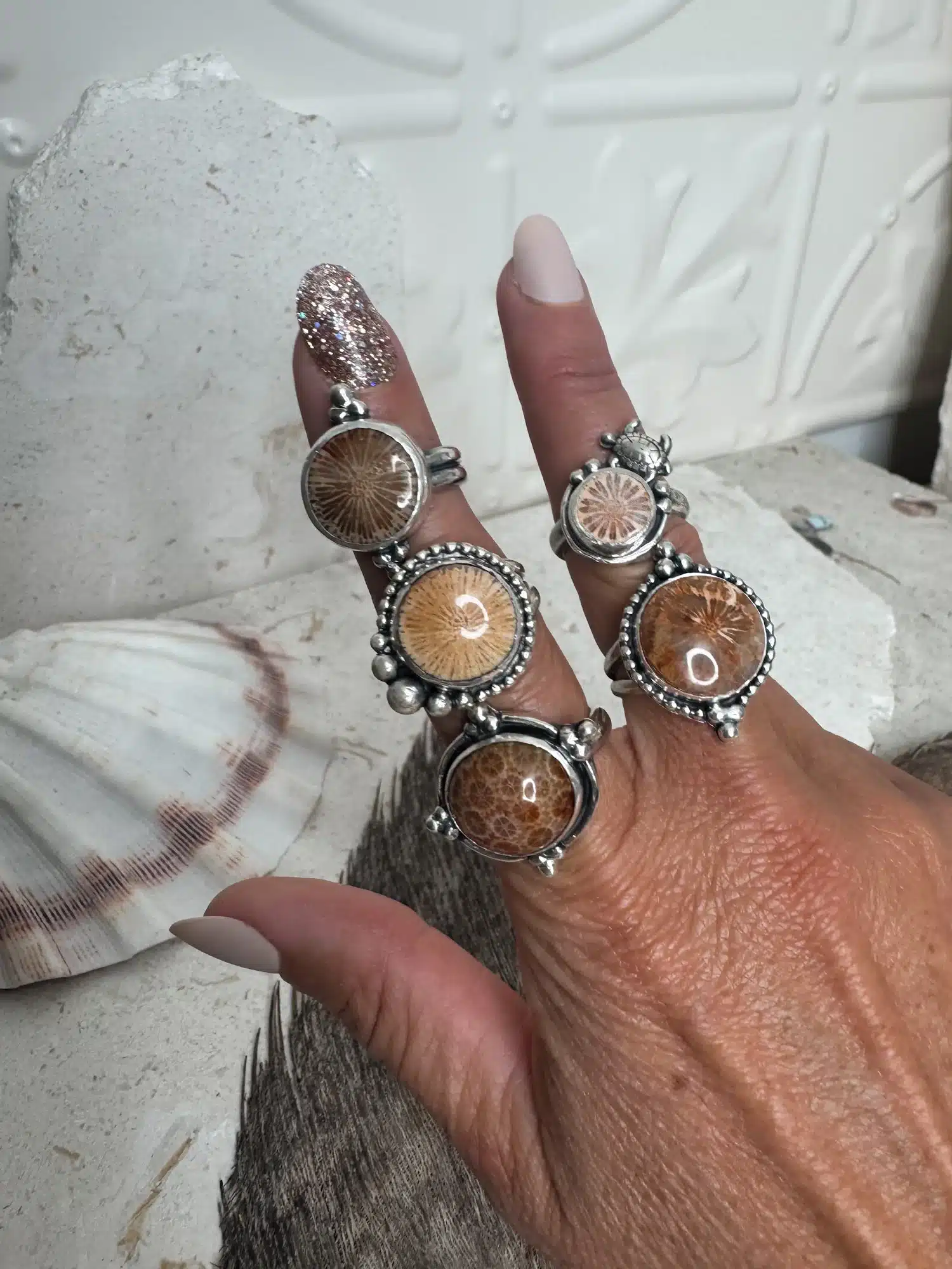 handmade sterling silver fossilised coral ring. inspired by the ocean. Unique jewellery