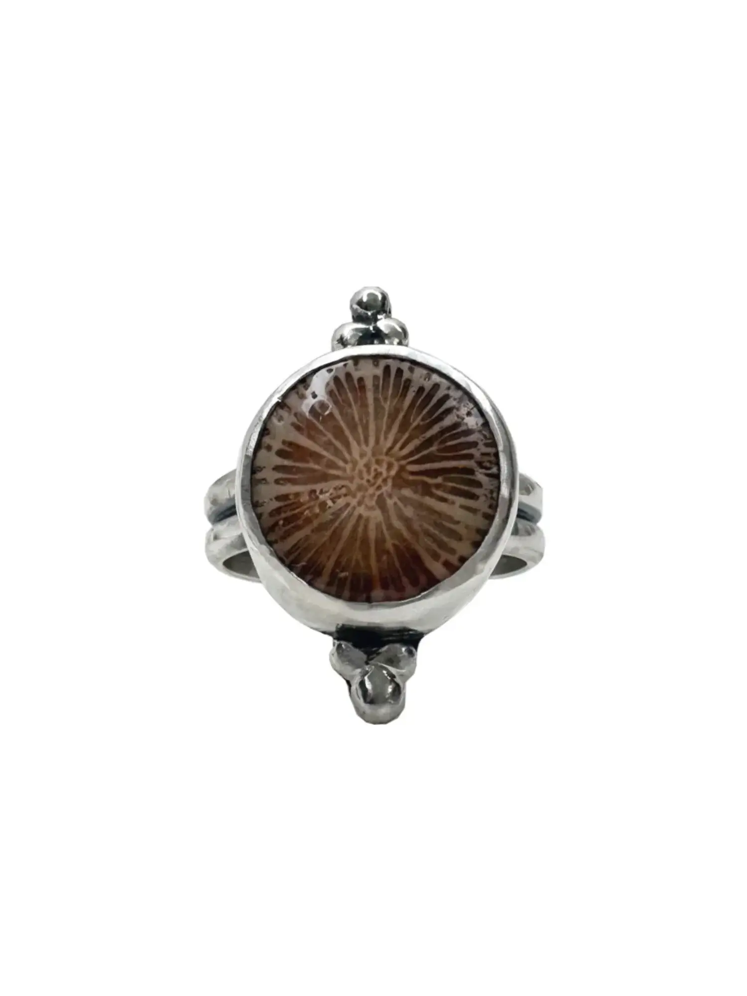 handmade sterling silver fossilised coral ring. inspired by the ocean. Unique jewellery