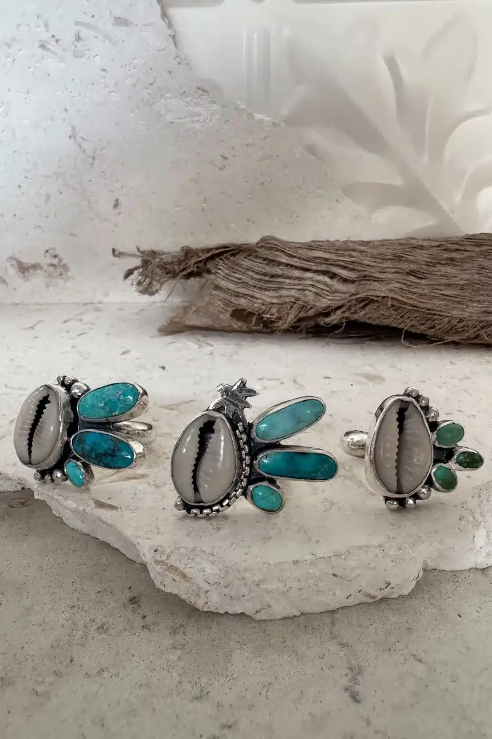 natural cowrie shell with verde valley turquoise and white water turquoise gemstone, sterling silver ring