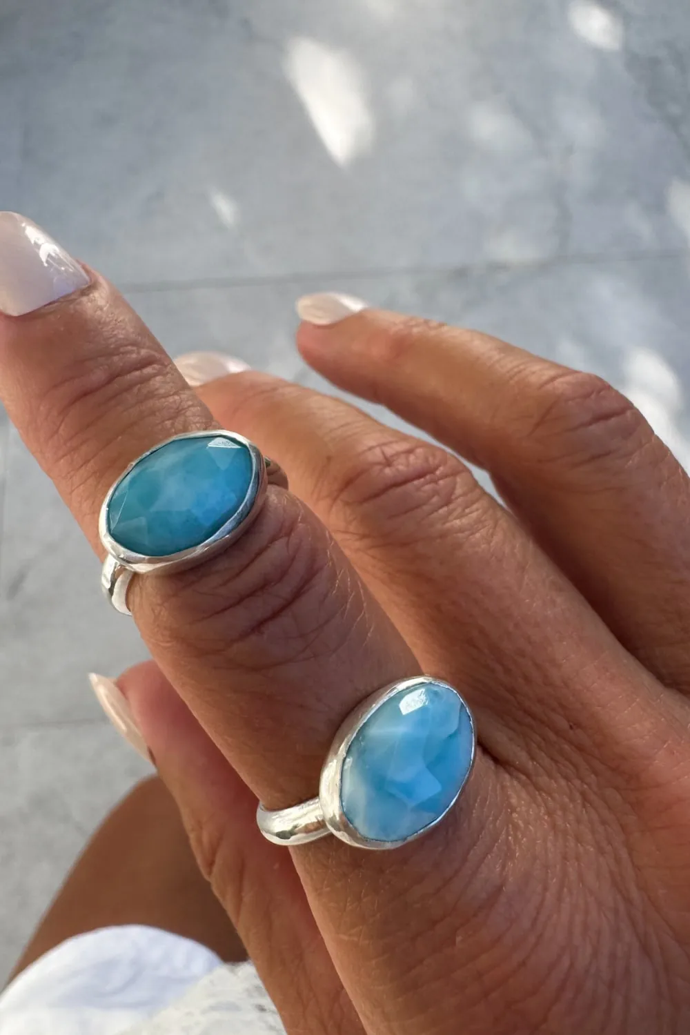 handmade silver larimar rings by Rico Designs.