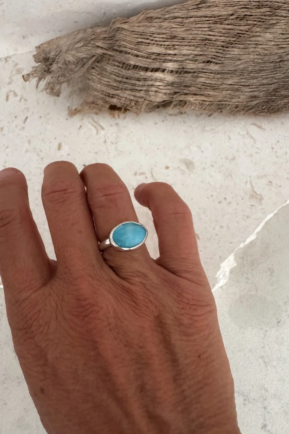 horizontal set oval larimar sterling silver ring. Ocean inspired silver ring