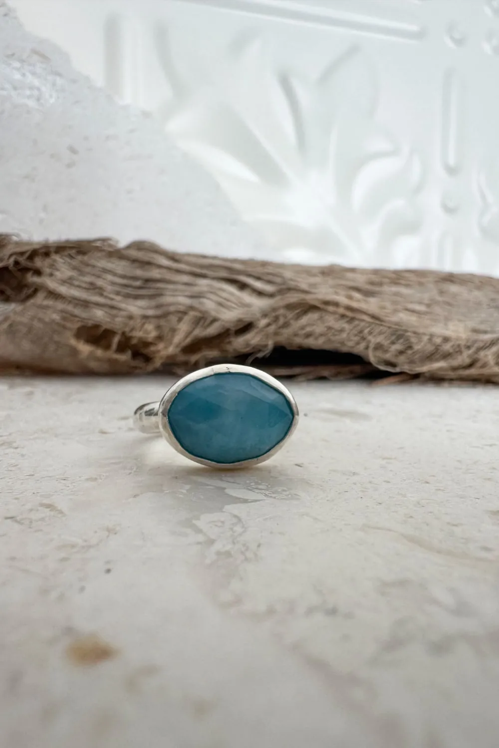 horizontal set oval larimar sterling silver ring. Ocean inspired silver ring