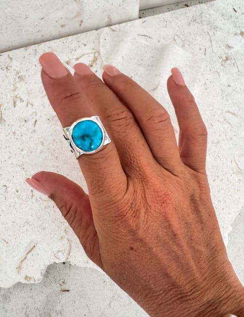 Kingman turquoise wide band silver ring