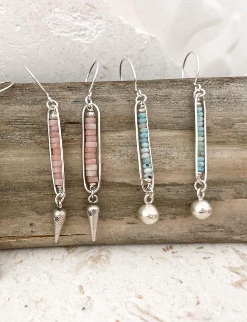 Larimar silver drop earrings pink opal silver drop earrings