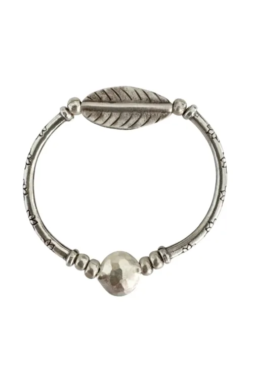 2 looks 1 bracelet. large silver leaf curve bar pure silver bracelet. Strong stretch to easily slip on. Ocean safe and looks great in a bracelet stack