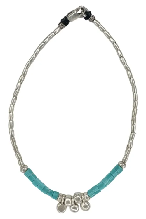 pure silver anklet with white or turquoise blue seed bead. Featuring 3 small pure silver blob charms. Ocean safe