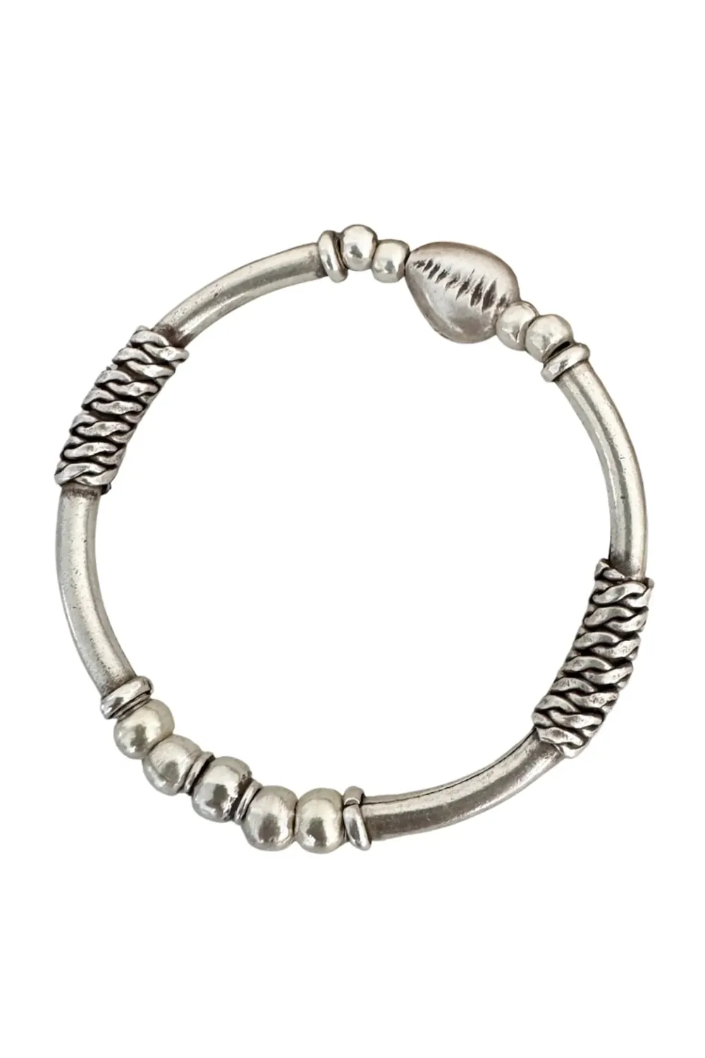 solid pure silver curve bar bracelet. Chunky style with curve bar and silver cowrie shell. Stretch bracelet for easy slip on. Ocean safe