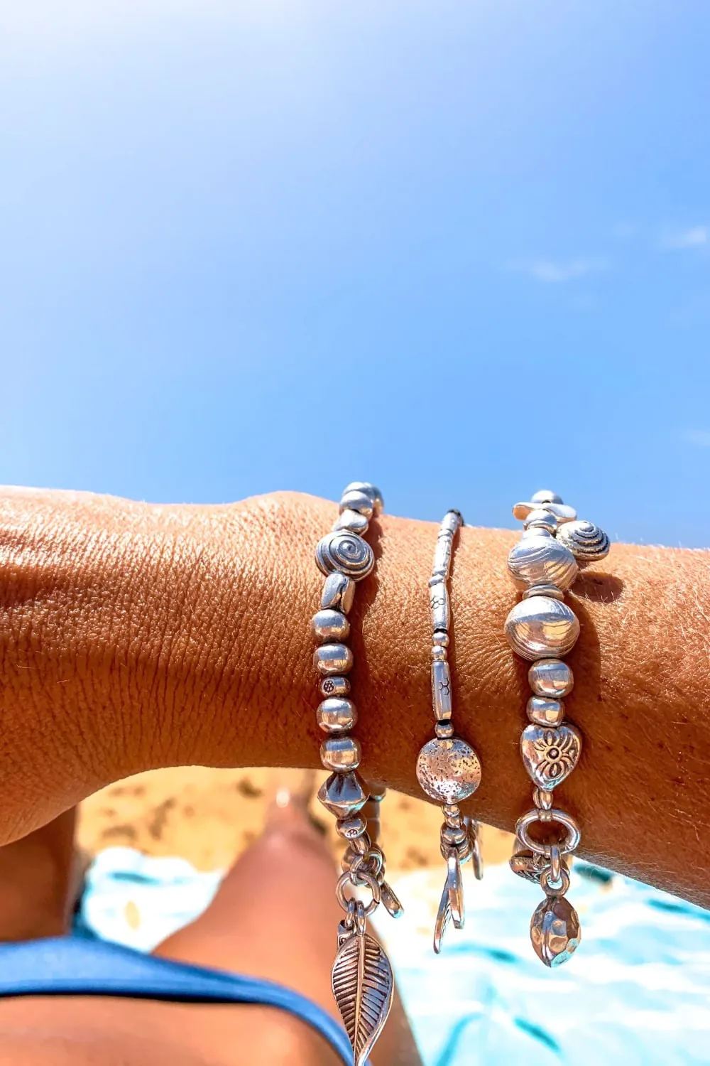 handmade pure silver bracelet. perfect for a bracelet stack. Stitch elastic so easy to slip on. ocean safe