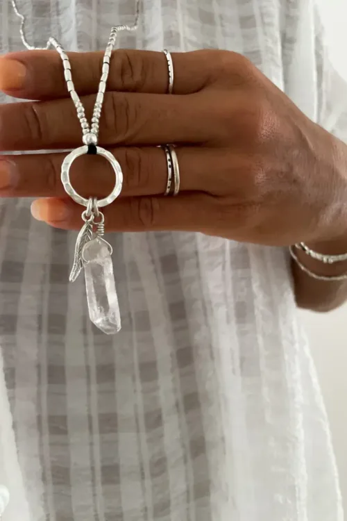 crystal qaurtz pendant tassel on pure silver chain necklace long length ocean safe bohemian style