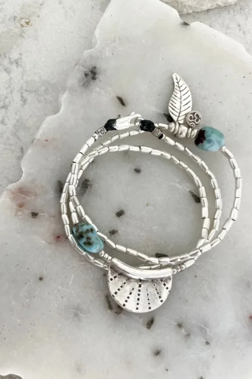 ocean inspired silver jewellery. Pure silver wrap bracelet with silver crescent disc and larimar gemstone - for a beach vibes look- water safe for everyday wear. 3 styles in 1