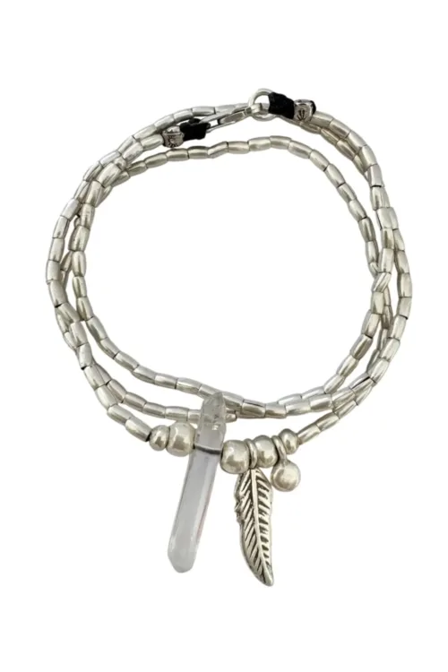 bohemian style silver jewellery. sterling silver wrap bracelet with crystal quartz and feather charm - water safe for everyday wear. 3 styles in 1