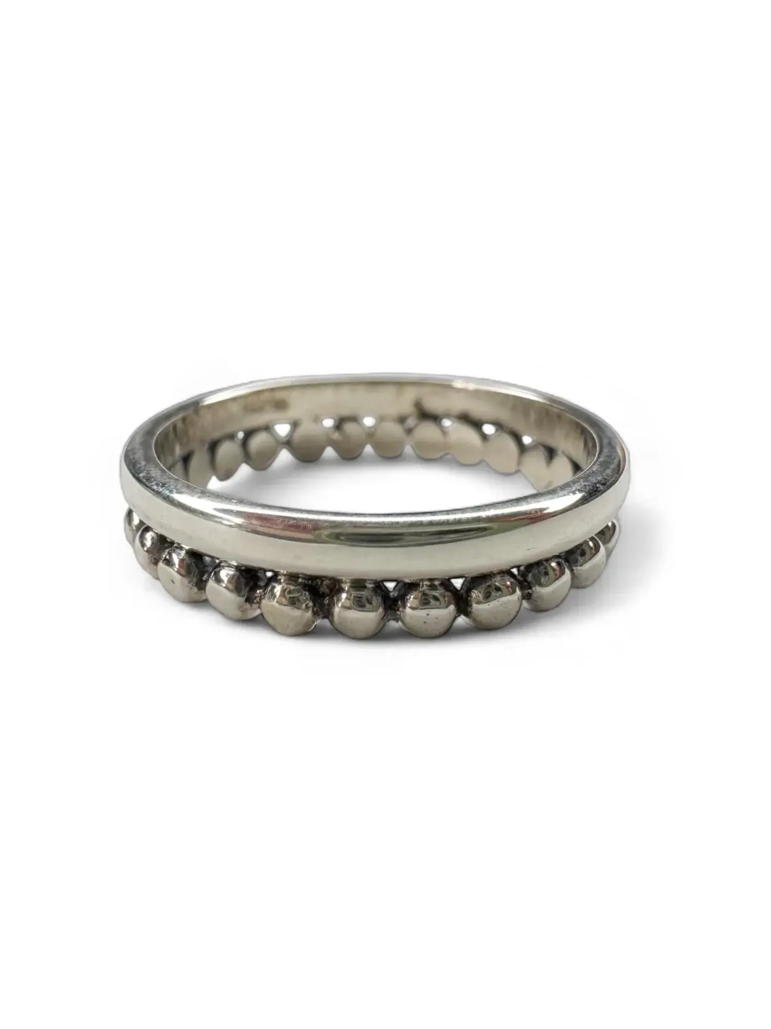 sterling silver stack ring. 2 sided silver ring band. beaded detail and solid band. made for stacking. ocean safe