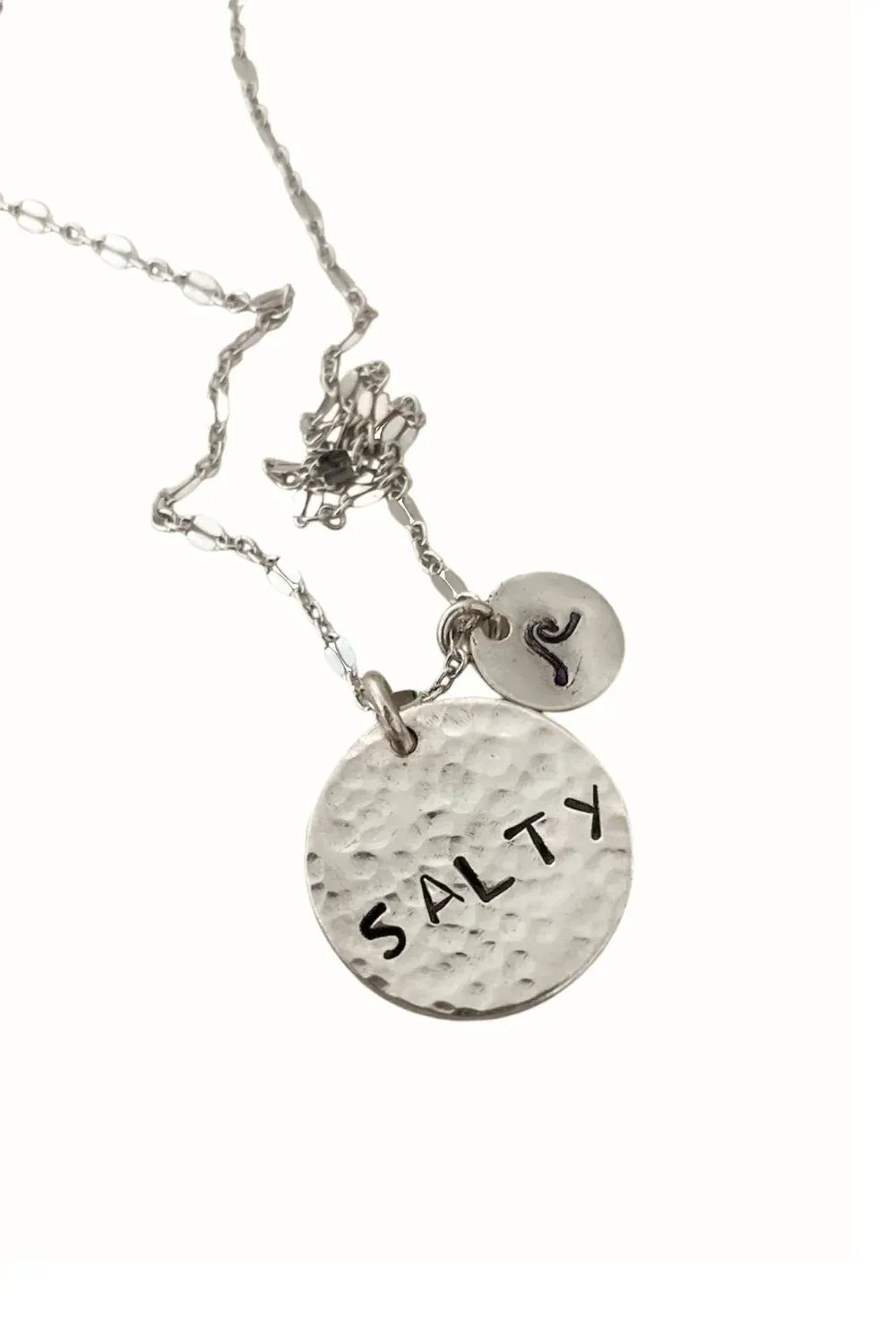 Large hand cut sterling silver disc necklace with hand stamped salty on sterling silver fancy chain ocean inspired jewellery ocean safe