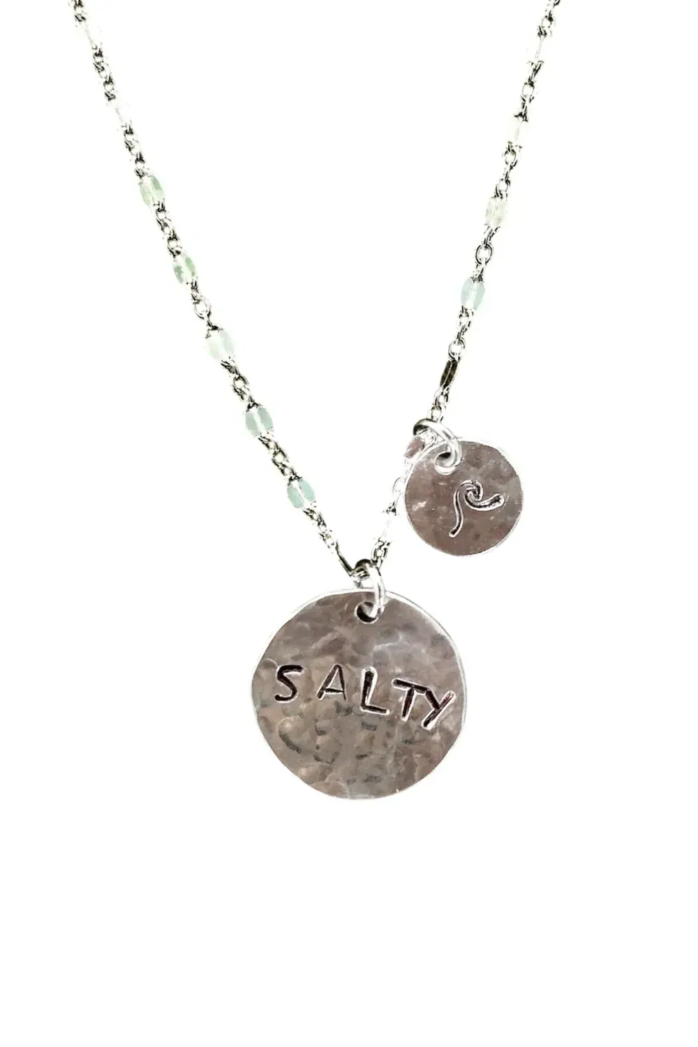 Large hand cut sterling silver disc necklace with hand stamped salty on sterling silver fancy chain ocean inspired jewellery ocean safe