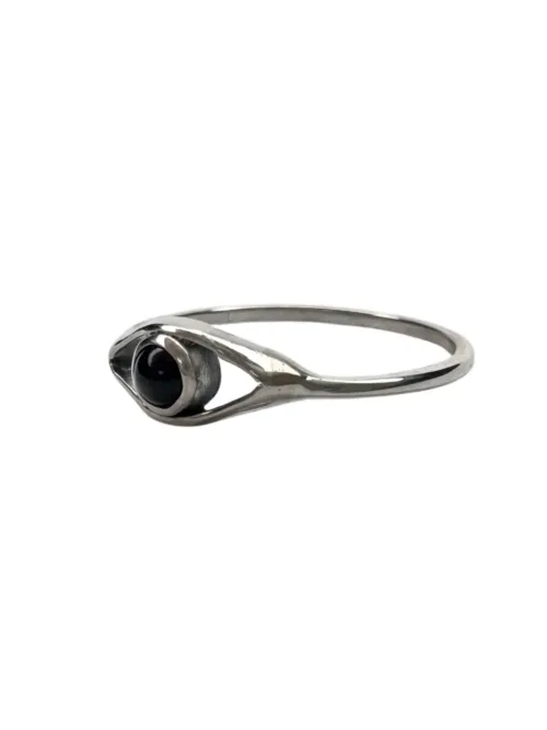 minimal style sterling silver ring with small black onyx eye feature.