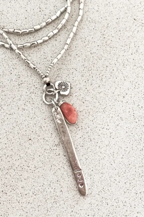 love hand stamped silver stick pendant long pure silver long necklace with pink opal. ocean safe safe