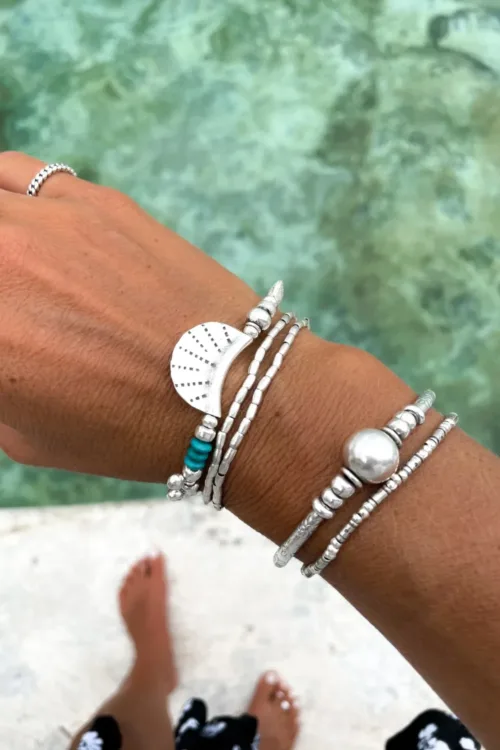 bohemian style silver jewellery. Pure silver wrap bracelet with silver crescent disc and turquoise gemstone - for a beach vibes look- water safe for everyday wear. 3 styles in 1