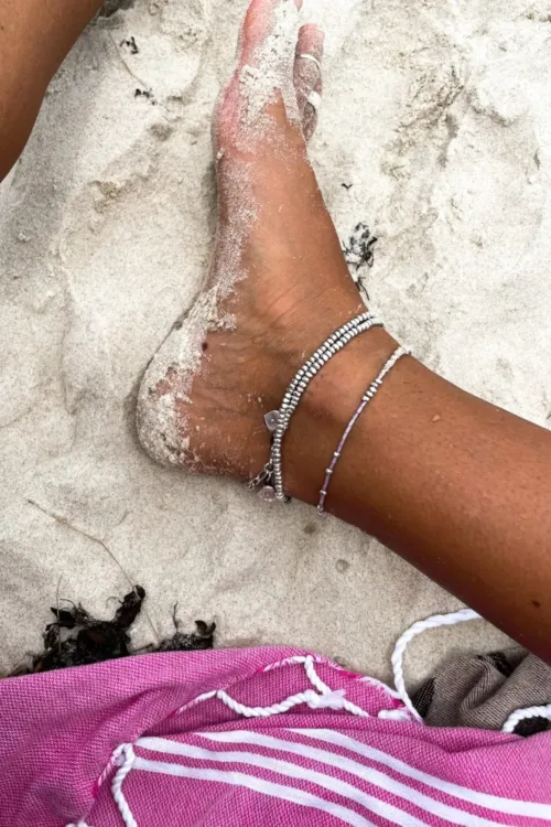 dusty pink and silver seed bead anklet. Minimal style design.