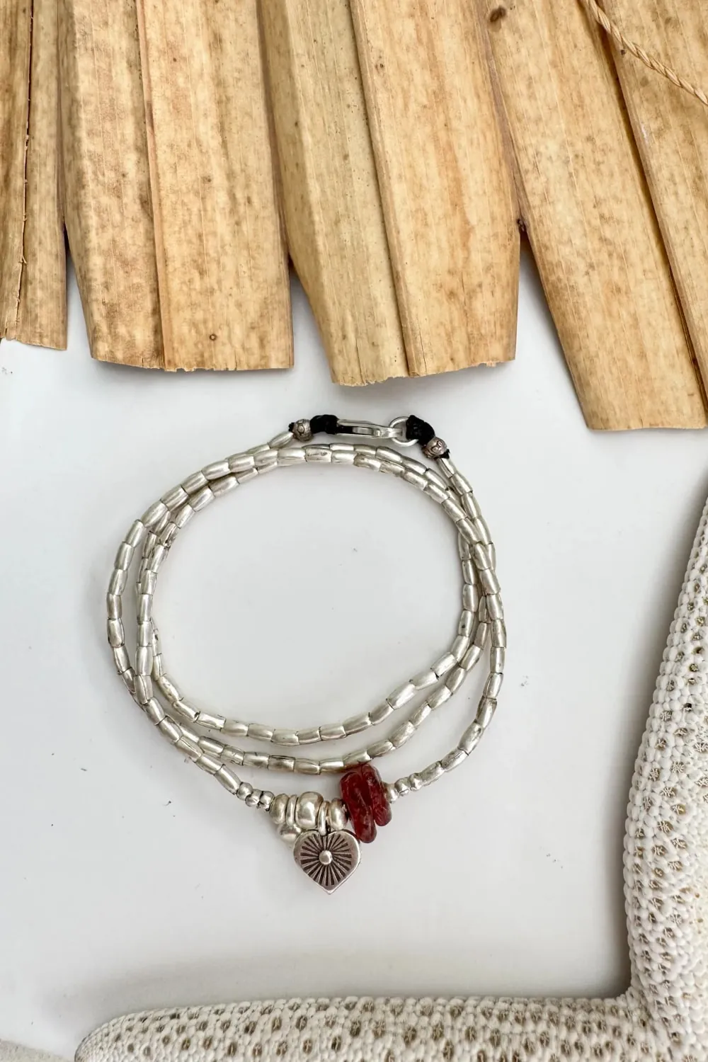 heart pendant with strawberry quartz gemstone bracelet. Combined with pure silver triple wrap bracelet. style it 3 ways. bracelet, anklet or necklace - water safe