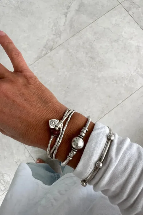 heart pendant with strawberry quartz gemstone bracelet. Combined with pure silver triple wrap bracelet. style it 3 ways. bracelet, anklet or necklace - water safe