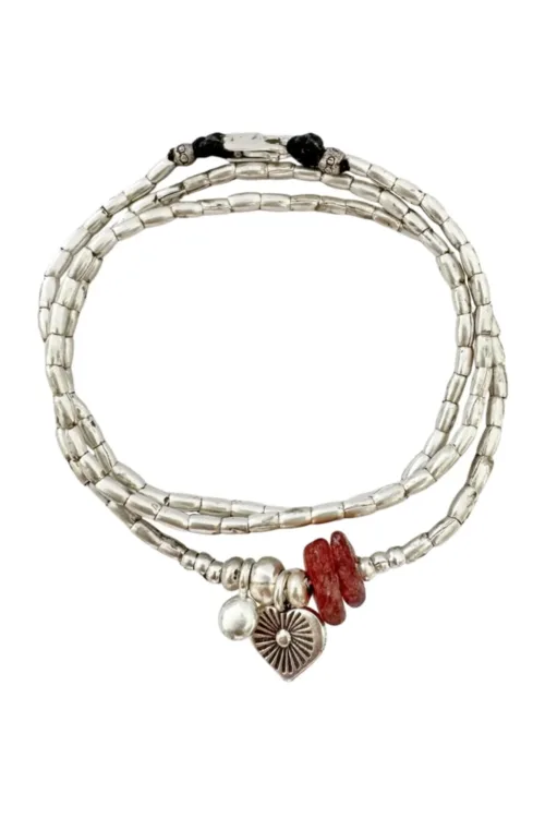 heart pendant with strawberry quartz gemstone bracelet. Combined with pure silver triple wrap bracelet. style it 3 ways. bracelet, anklet or necklace - water safe