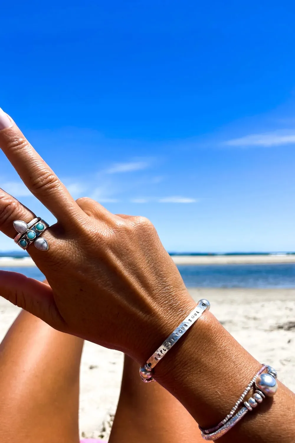 customisable hand stamped bracelet. sterling silver stretch bracelet for the active adventurer. water safe