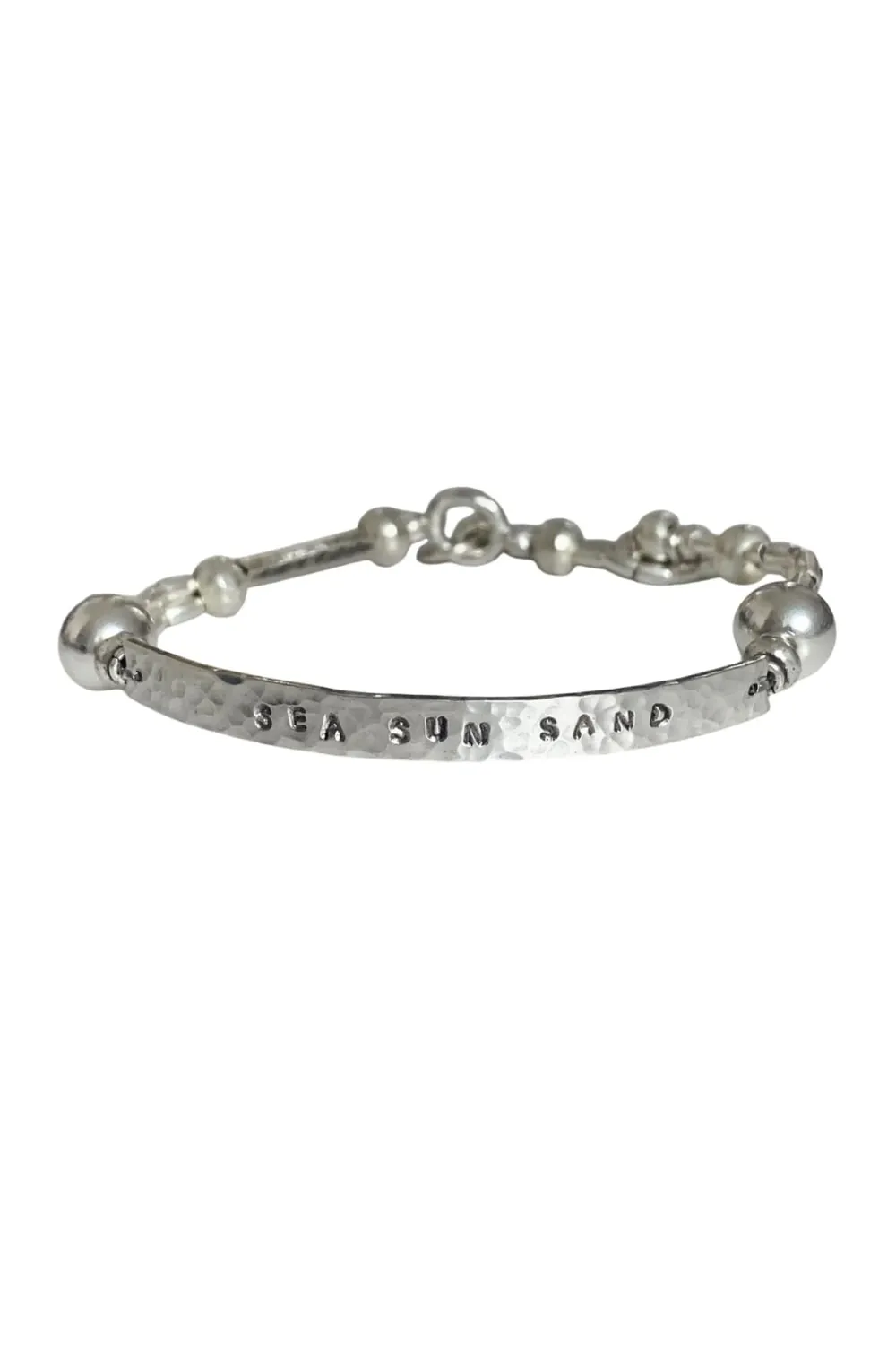 customisable hand stamped bracelet. sterling silver stretch bracelet for the active adventurer. water safe