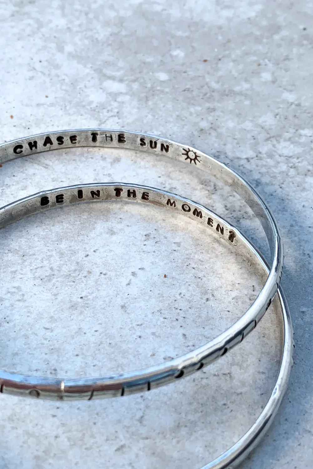 handmade sterling silver bangle. customisable hand stamped option. great for bracelet stacking. water safe