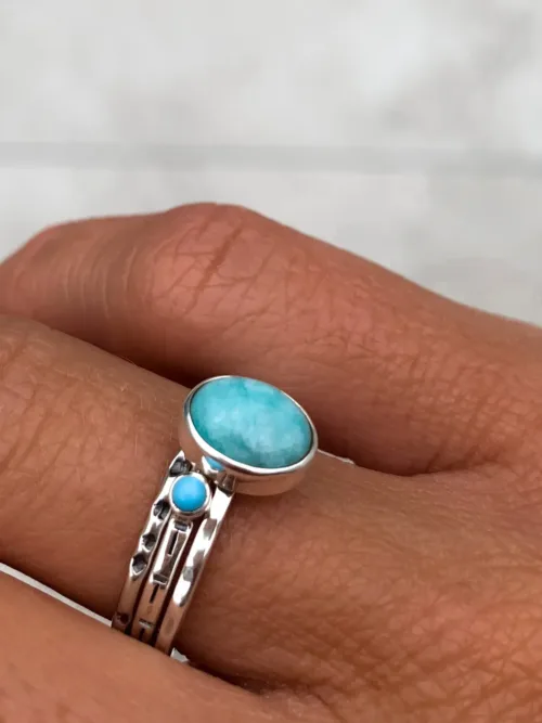 thin sterling silver stack ring with small turquoise stone. ocean safe - wear everyday