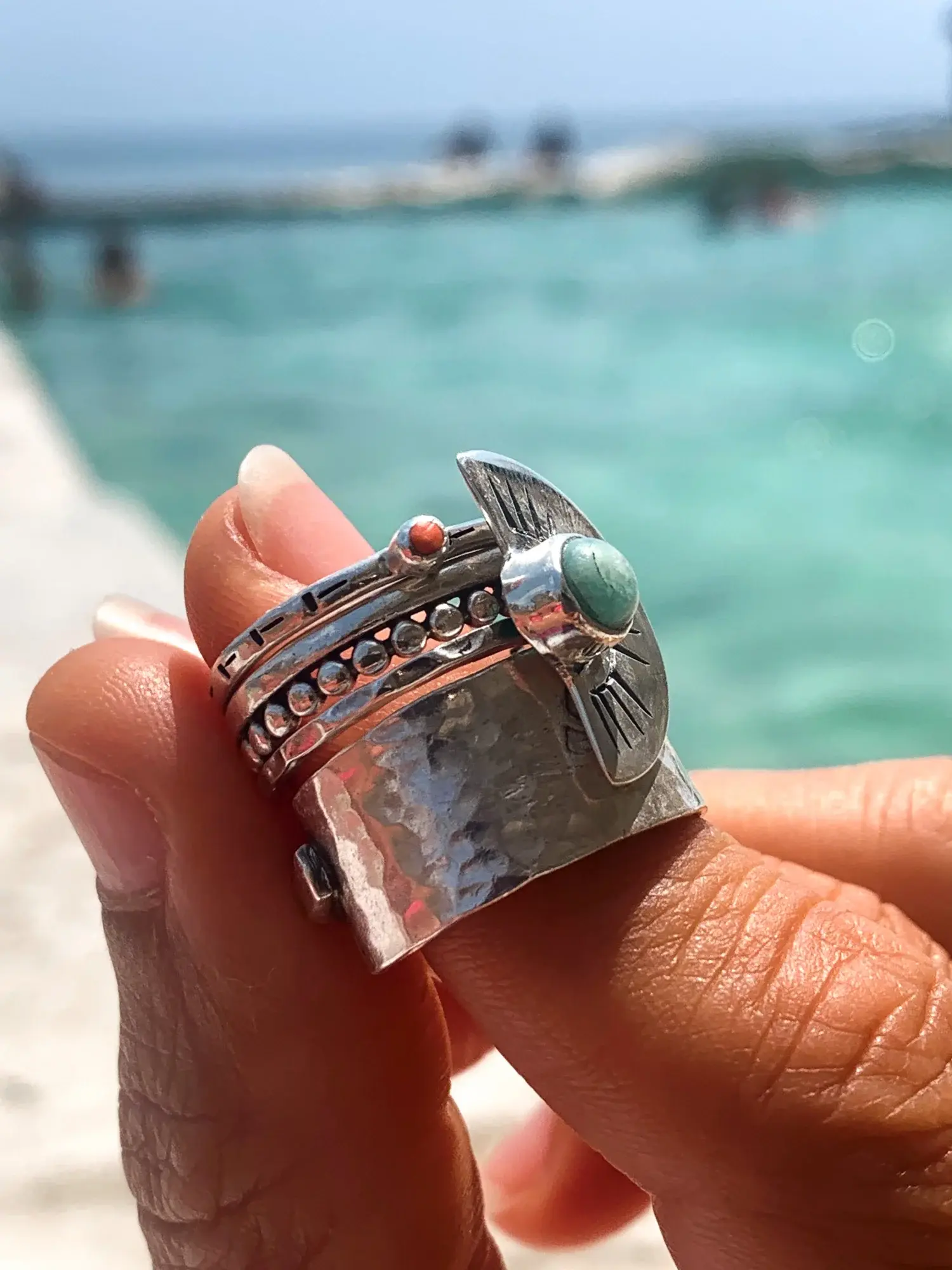 sterling silver stack ring with tiny peach coral. made for ring stacking. ocean safe
