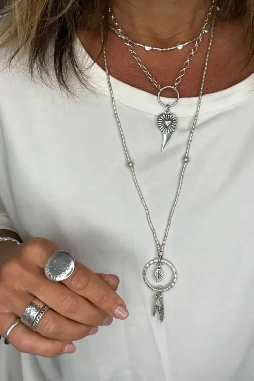 long silver necklace pure silver seed chain with large ring and silver feather tassel bohemian style necklace ocean safe