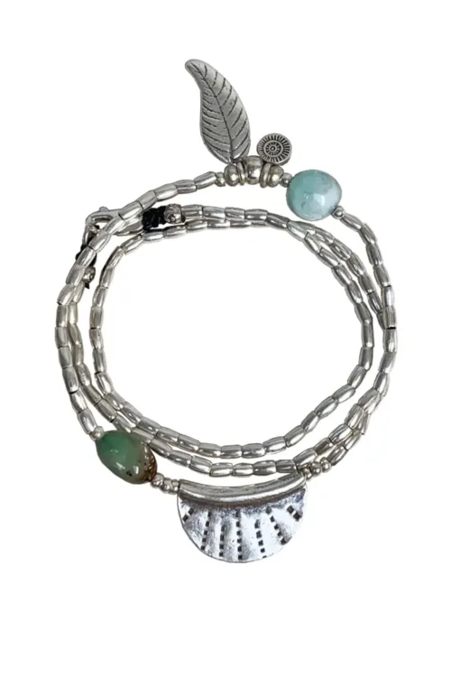 ocean inspired silver jewellery. Pure silver silver wrap bracelet with silver crescent disc and chrysoprase gemstone - for a beach vibes look- water safe for everyday wear. 3 styles in 1