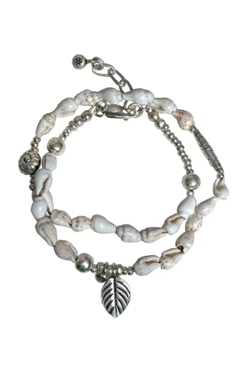 beach inspired pure silver double wrap bracelet with natural shells