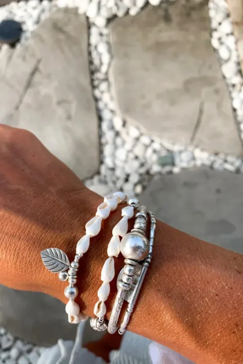 beach inspired pure silver double wrap bracelet with natural shells