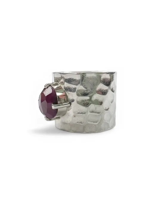 wide band sterling silver rings with rose cut red ruby gemstone. ocean safe jewellery