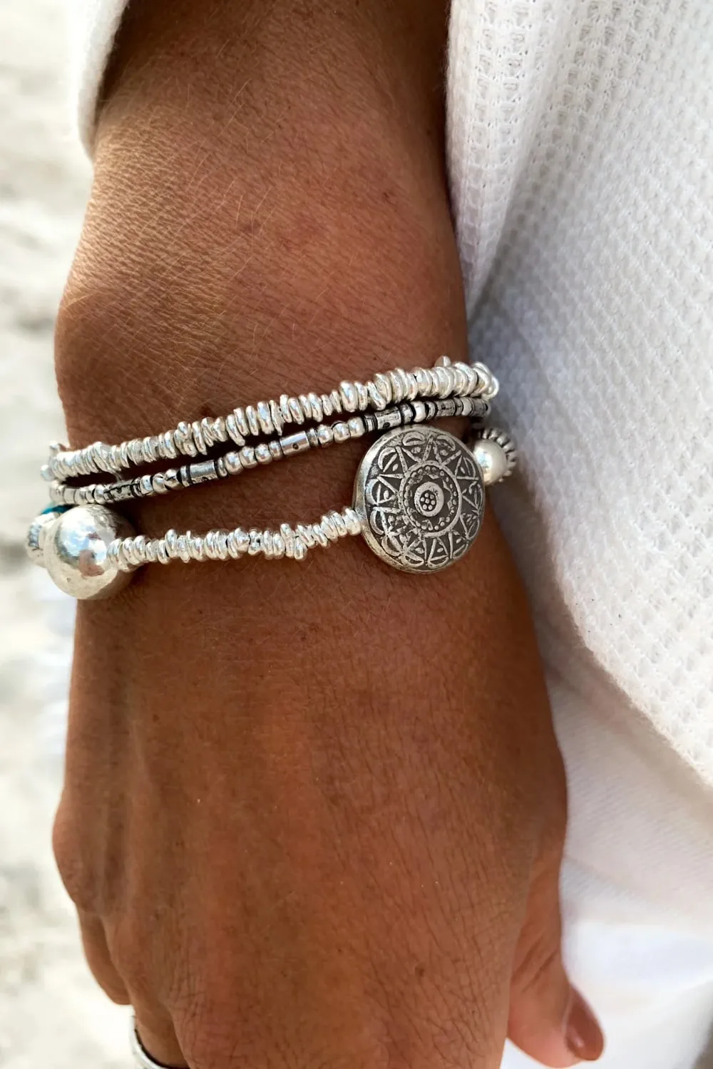 pure silver bracelet with turquoise gemstone. chunky style. the perfect addition to add texture to your bracelet stack. ocean safe silver jewelry